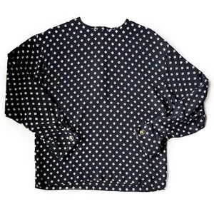 Navy Blouse, White Crown Pattern, French Cuffs, Nautical Anchor Buttons, Sz - 10